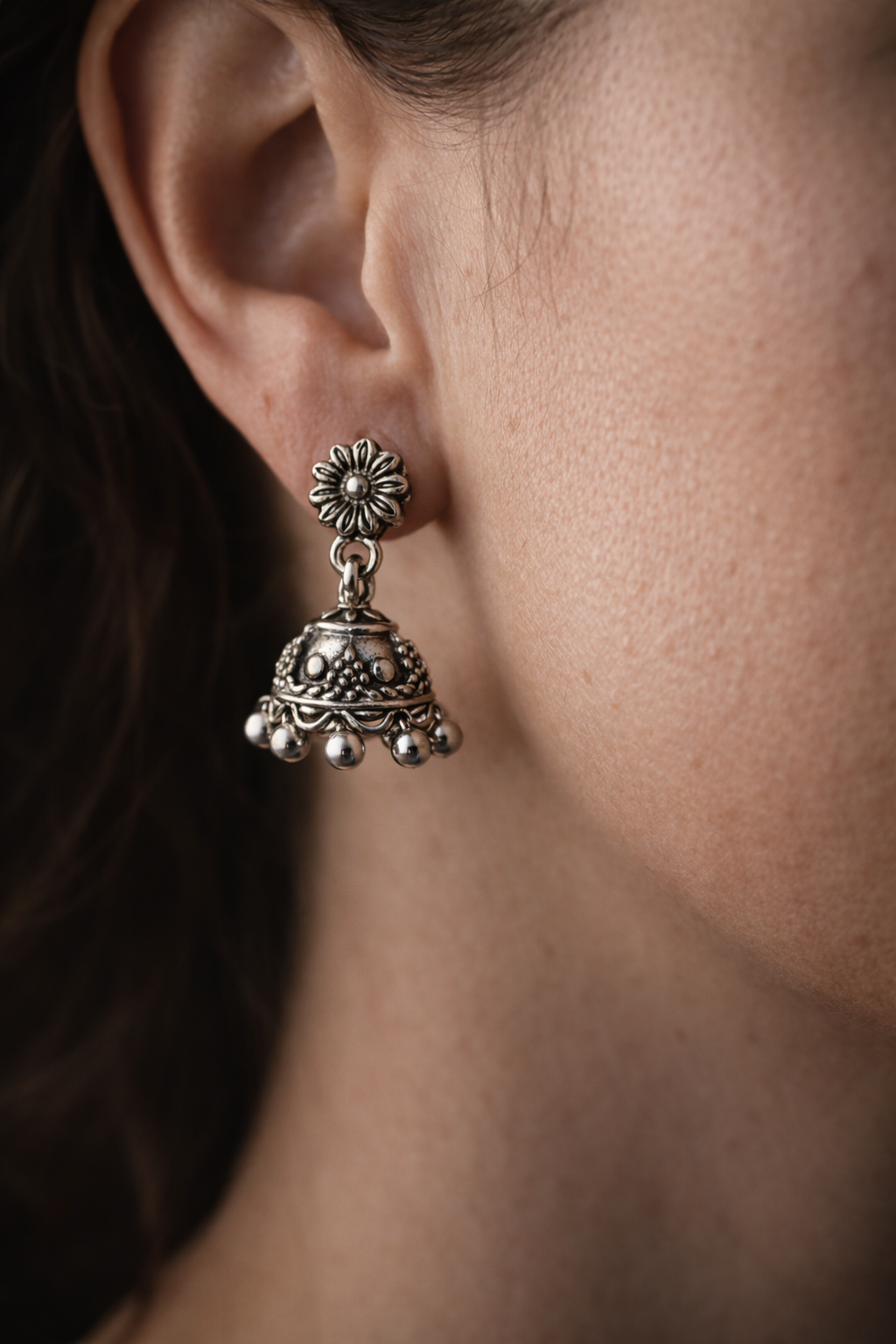 Floral Oxidized Silver Jhumka Earrings